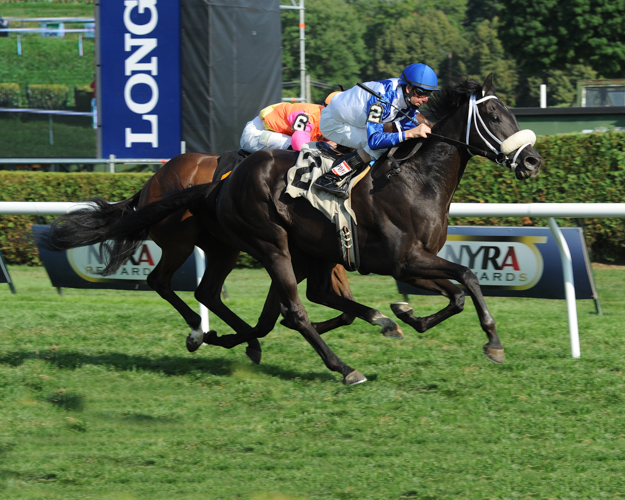 Analysis and jockey Corey Lanerie win an allowance race at Saratoga on August 9, 2014. Photo: NYRA/Adam Coglianese