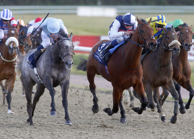 Grandeur (the grey) and Ryan Moore winning the Coral Easter Classic at the All-Weather Championships at Lingfield Park on April 18. RacingFotos.com