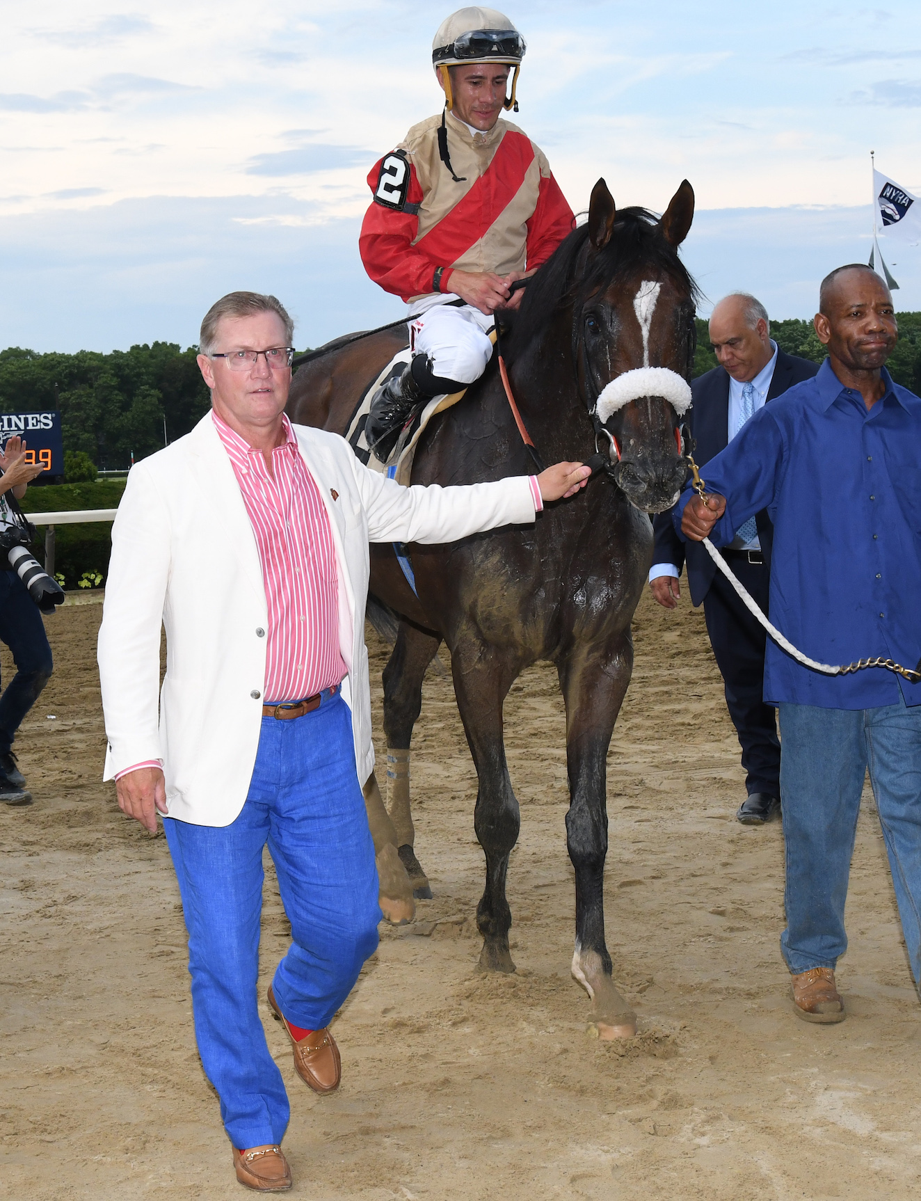 Don Little Jr leads Preservationist back to the winners’ circle after landing the Suburban at Belmont. Photo: NYRA.com 
