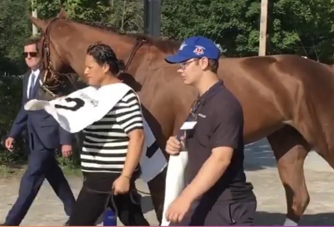 The pre-race tension builds as groom Janette Ramirez, Damien Novack and Patrick Gilligan (far side) walk the Kenny McPeek hopeful to the paddock before the Alabama Stakes