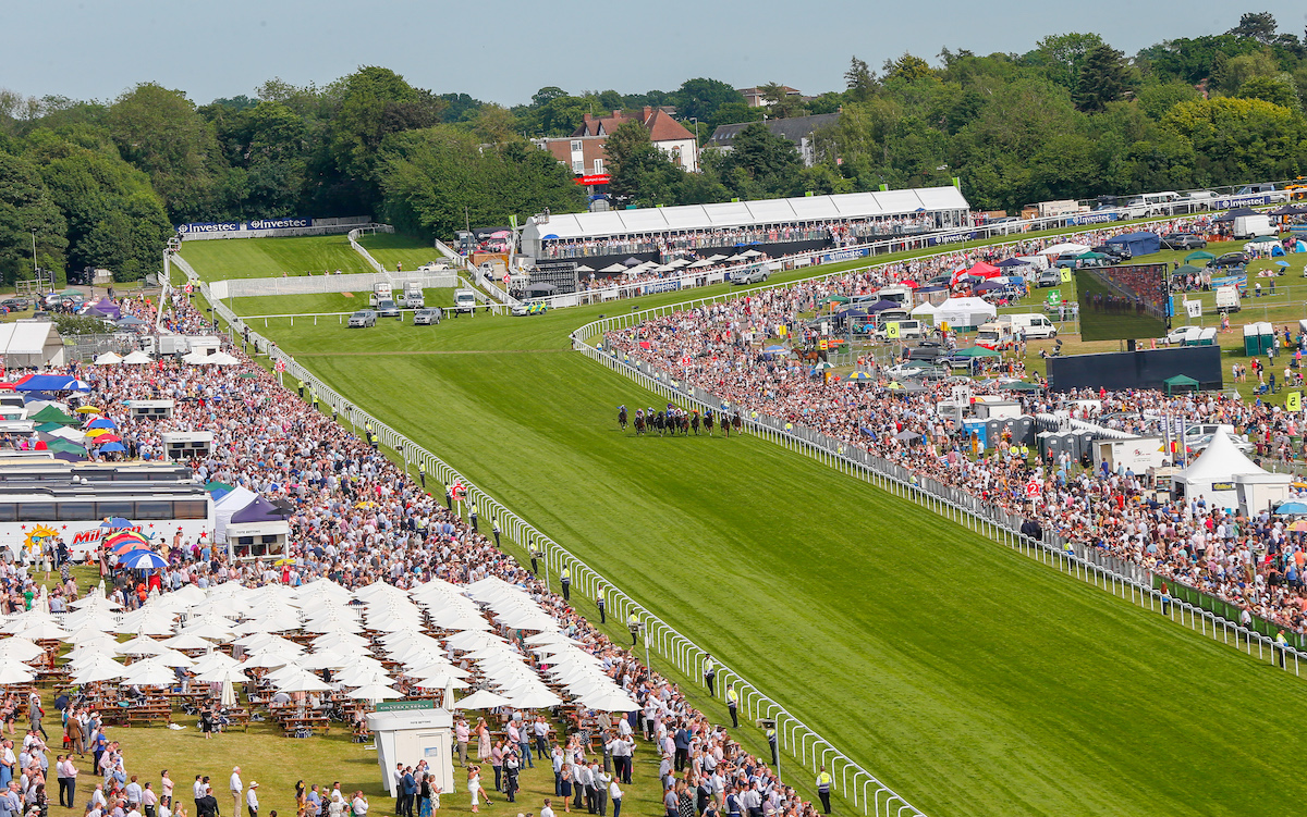 The Derby: down the hill, around Tattenham Corner and into the Epsom straight – this is 2019, won by Anthony Van Dyck. Photo: Mark Cranham / focusonracing.com