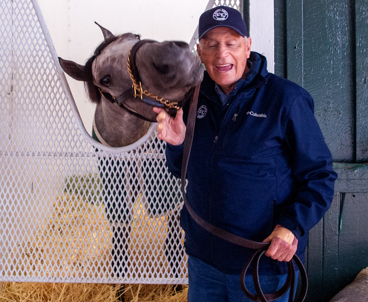 Sunday morning: D Wayne Lukas and Seize The Grey in the Pimlico barn. Photo: Maryland Jockey Club