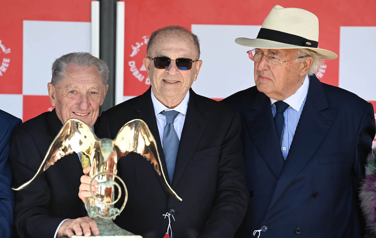 The lads: Coolmore supremo John Magnier (right) with associates Derrick Smith and Michael Tabor after Auguste Rodin’s Irish Derby win in 2023. Photo: Healy / focusonracing.com