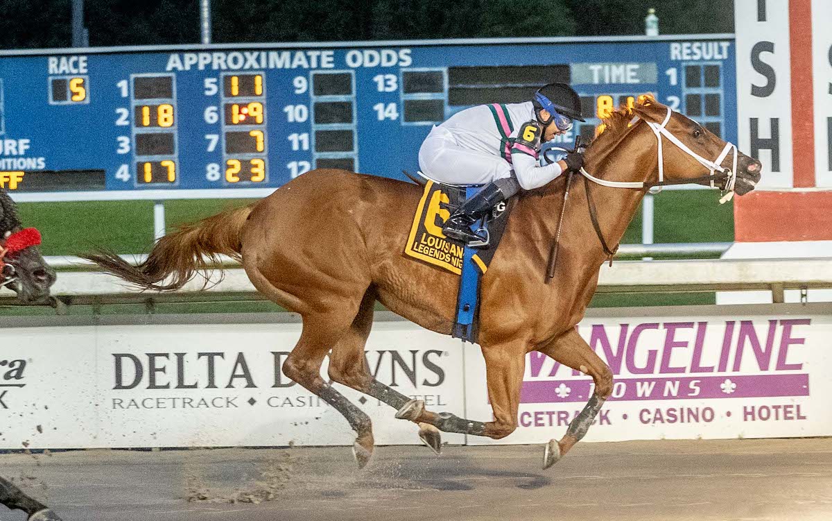 Ova Charged (Jose Andres Guerrero) wins the $100,000 Louisiana Mademoiselle Stakes at Evangeline Downs. Photo: Hodges Photography / Kimmy Burrow