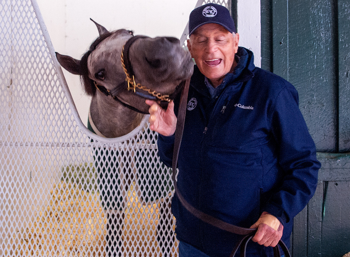 D Wayne Lukas with Preakness winner Seize The Grey in the Pimlico barn. Photo: Maryland Jockey Club