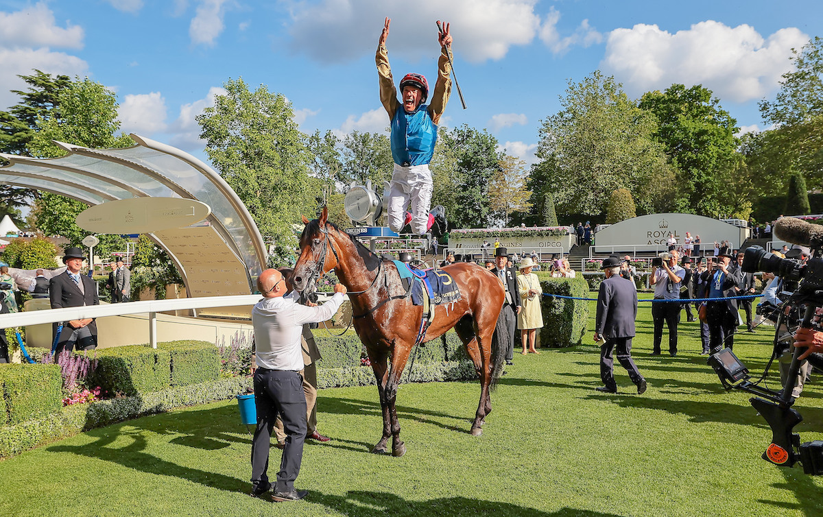 Gregory: Frankie Dettori with a trademark flying dismount in the Wathnan silks after winning the Queen’s Vase in 2023. Photo: Mark Cranham / focusonracing,com