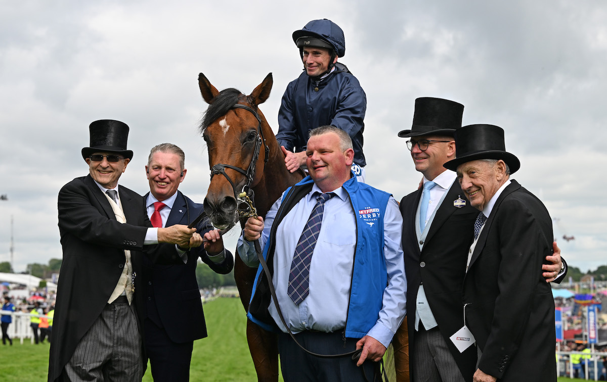 Redemption – and relief: City Of Troy and the Coolmore team after the Derby. Photo: Francesca Altoft / focusonracing.com