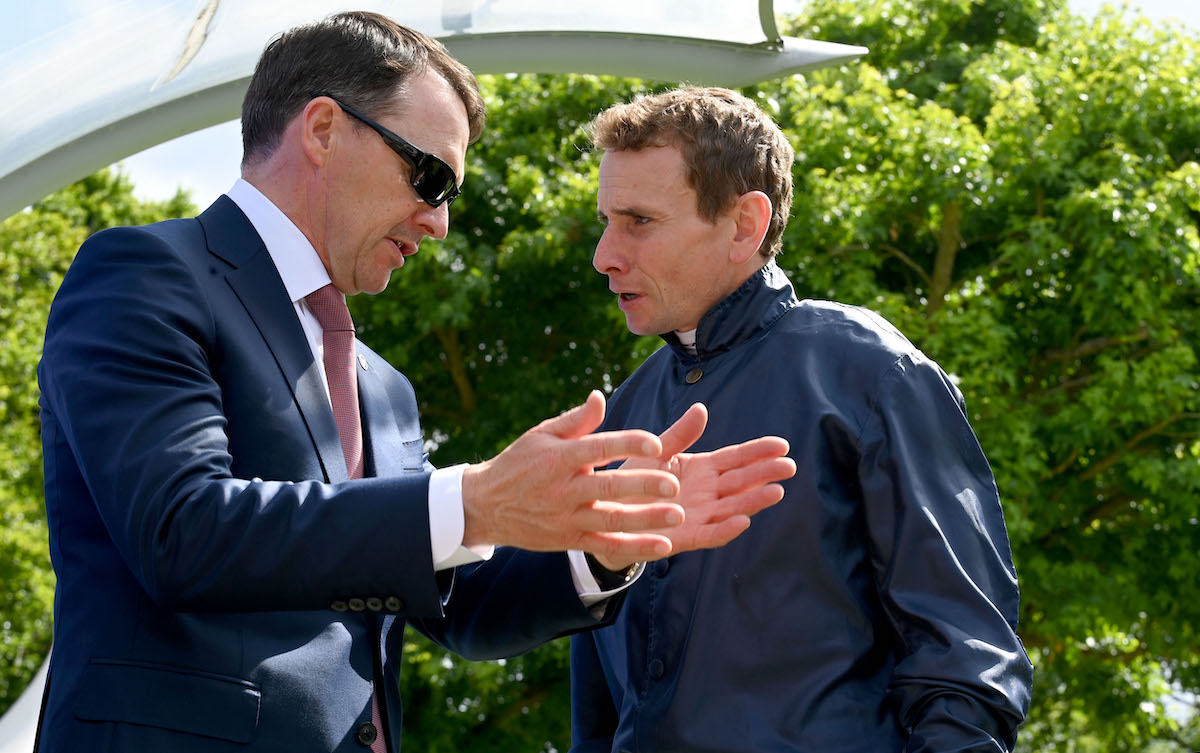 Time for a debrief: Aidan O’Brien and Ryan Moore after the Eclipse Stakes. Photo: Dan Abraham / focusonracing.com