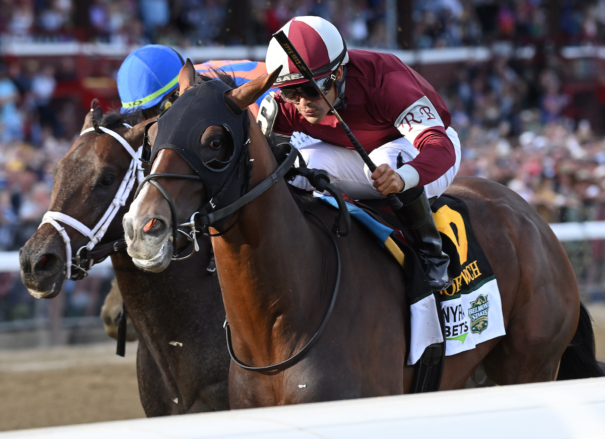 Classic triumph: Dornoch (Luis Saez, near side) holds Mindframe to win the Belmont. Photo: NYRA / Ryan Thompson (Coglianese)