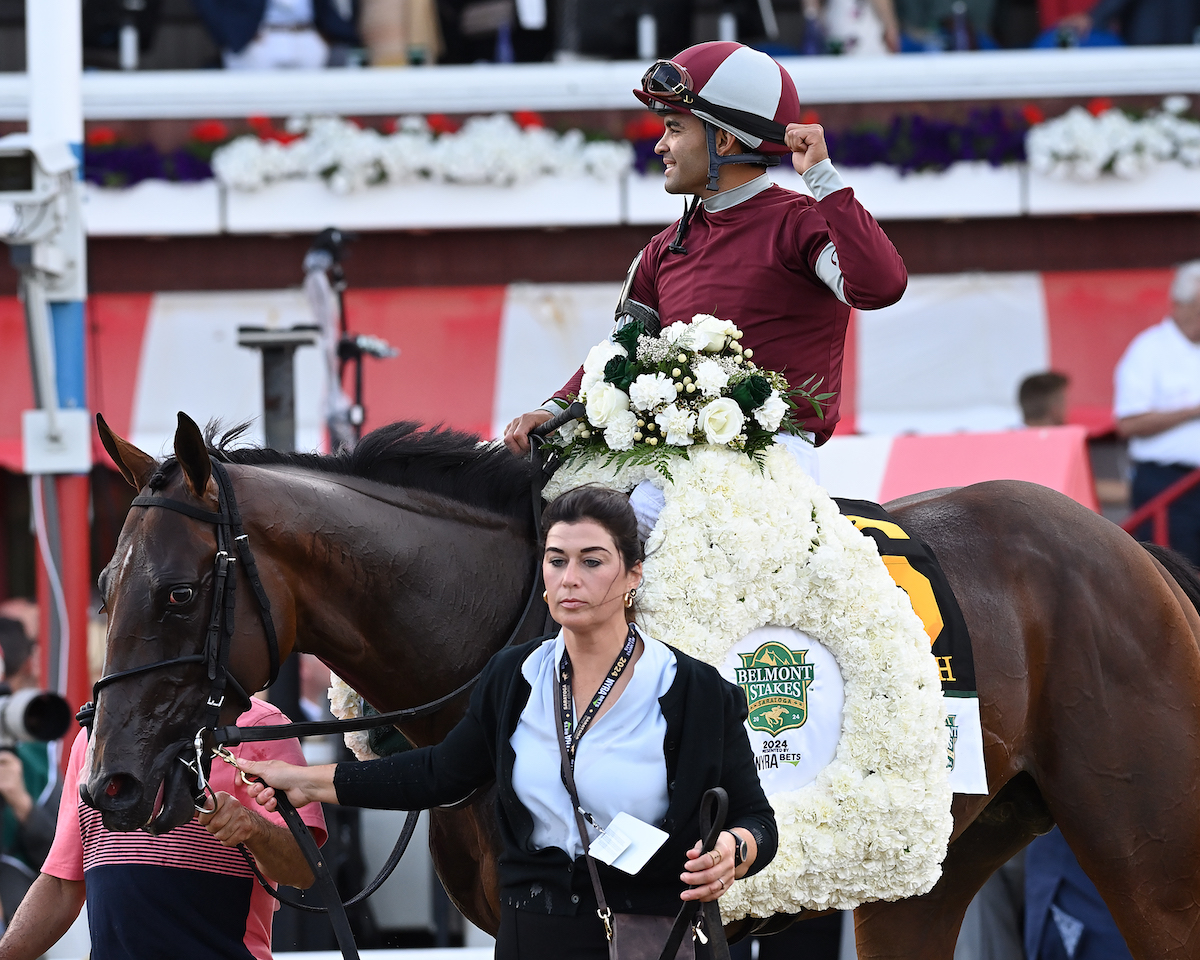 Saratoga strong: Luis Saez and Dornoch after their Belmont Stakes victory. Photo: NYRA / Ryan Thompson (Coglianese)