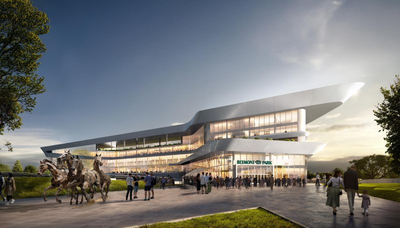 Future tense: artist’s rendering of the new main stand at Belmont Park after the $455m redevelopment program is completed. Courtesy of NYRA / Populous