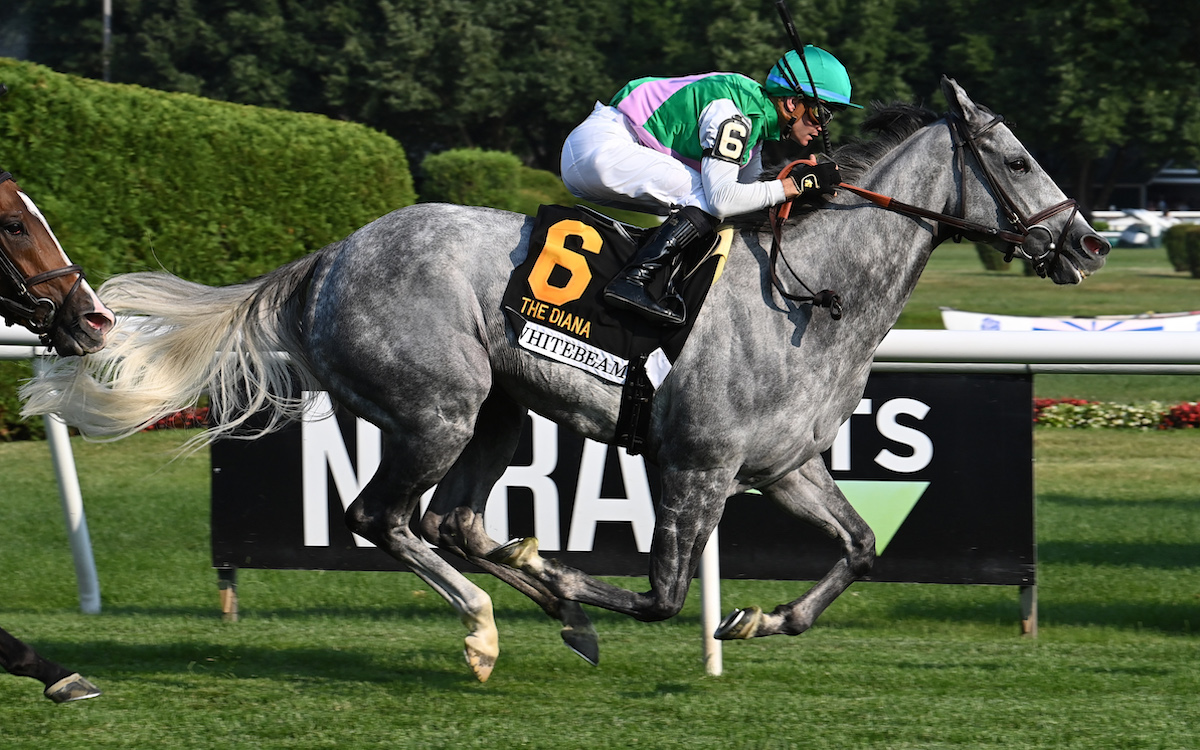 Whitebeam (Flavien Prat) maintains Chad Brown’s winning streak in the Diana. Photo: NYRA / Susie Raisher (Coglianese)