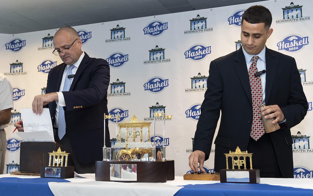 Monmouth Park officials John Heims (left) and Walter Cicero draw Haskell post positions. Photo: Bill Denver / EQUI-PHOTO