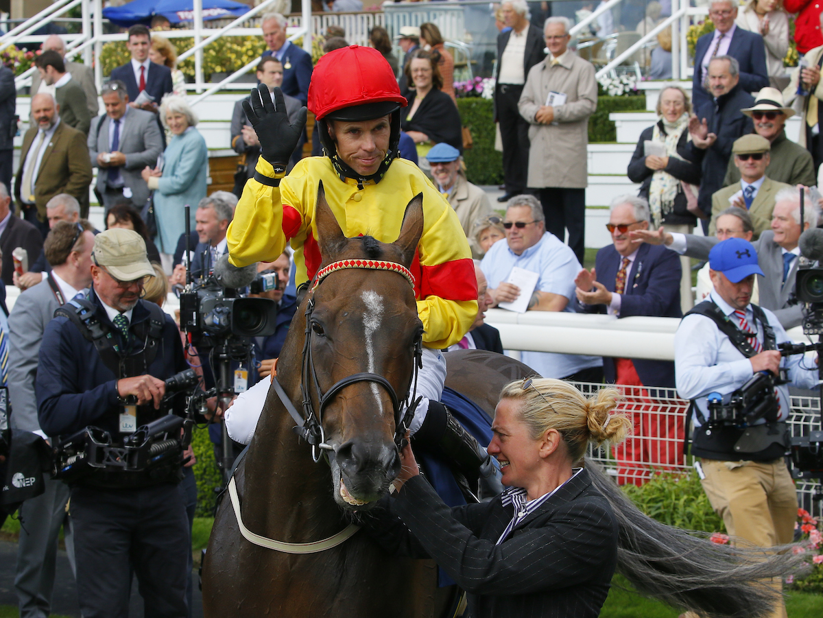 Graham Lee acknowledges the York crowd after landing the G1 Nunthorpe on Alpha Delphini. Photo: Mark Cranham / focusonracing.com