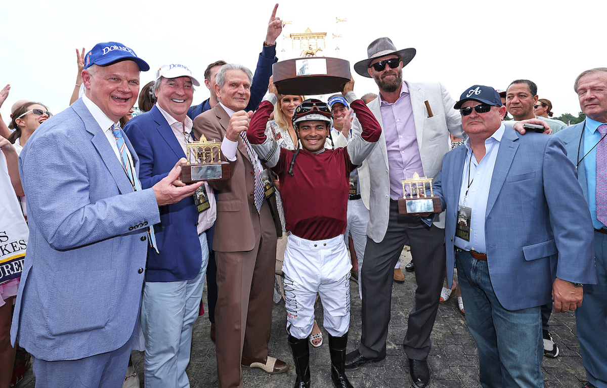 The gang’s all here: Jayson Werth celebrates with his fellow Dornoch connections after winning the Haskell. Photo: Bill Denver / EQUI-PHOTO