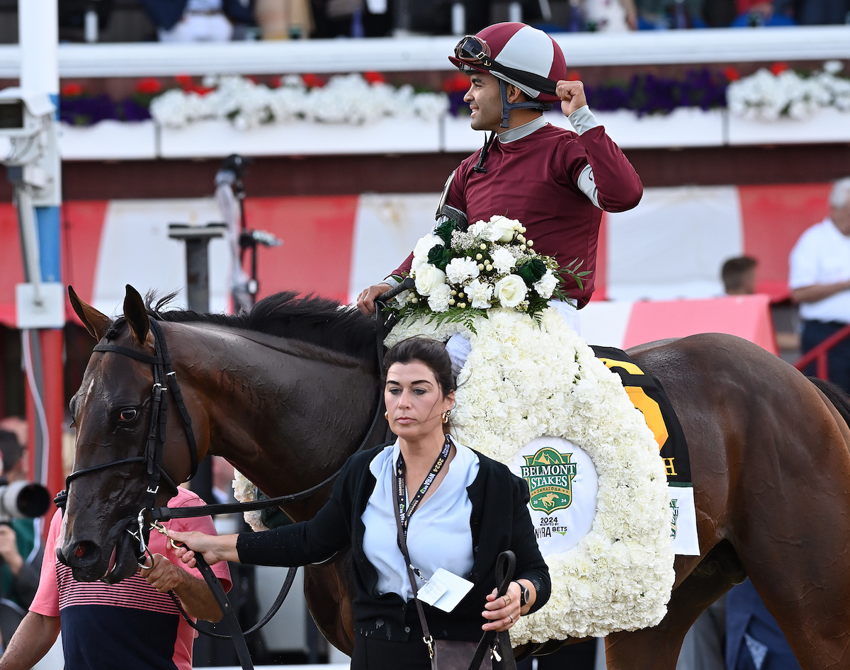 Belmont hero: Dornoch and Luis Saez after winning the final leg of the Triple Crown at Saratoga. Photo: NYRA/Ryan Thompson (Coglianese)