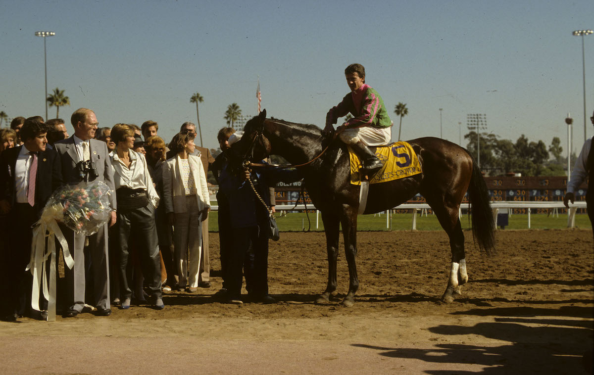 Place in history: Chief’s Crown (Don MacBeth) after winning the Breeders’ Cup Juvenile in 1984 at Hollywood Park. Photo: Breeders’ Cup