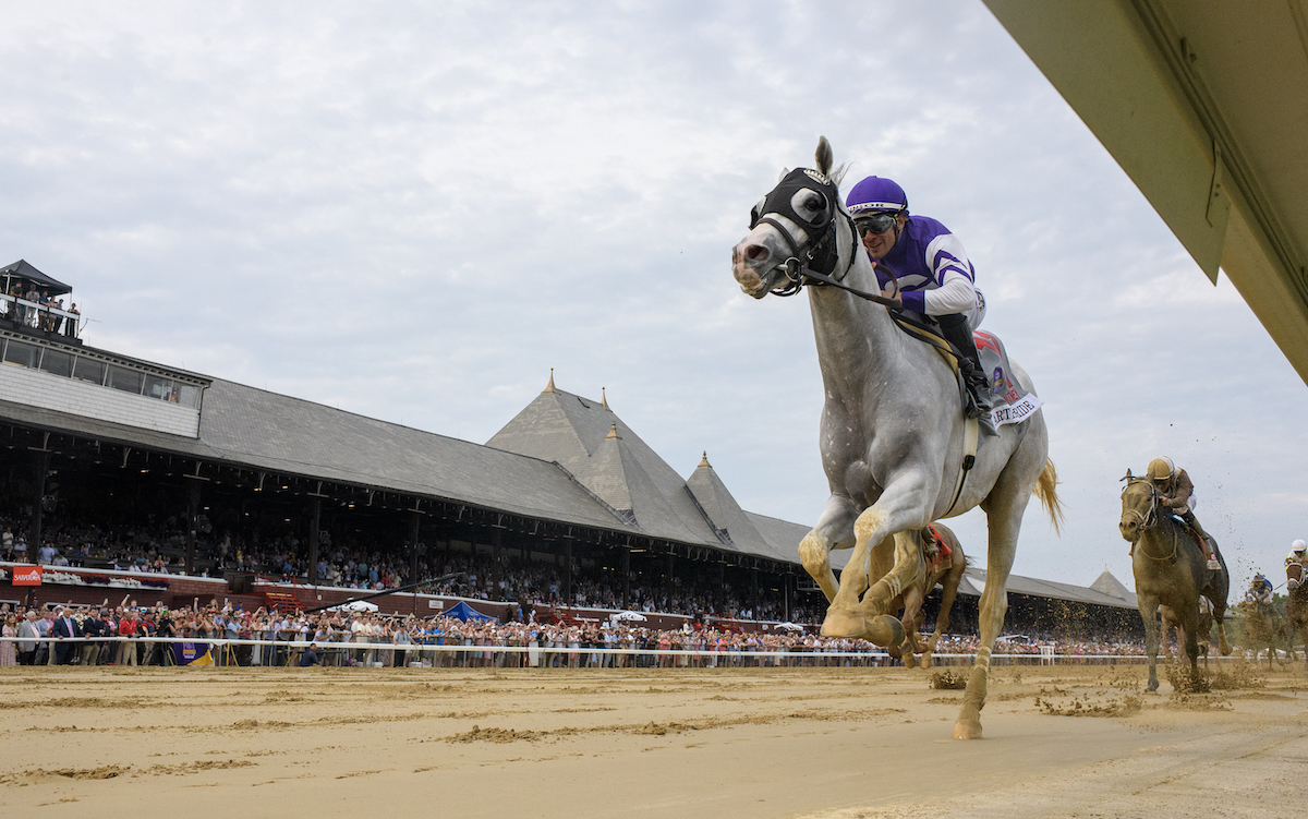 Under the rail: Arthur’s Ride (Junior Alvarado) wins the Whitney. Photo: NYRA/Coglianese