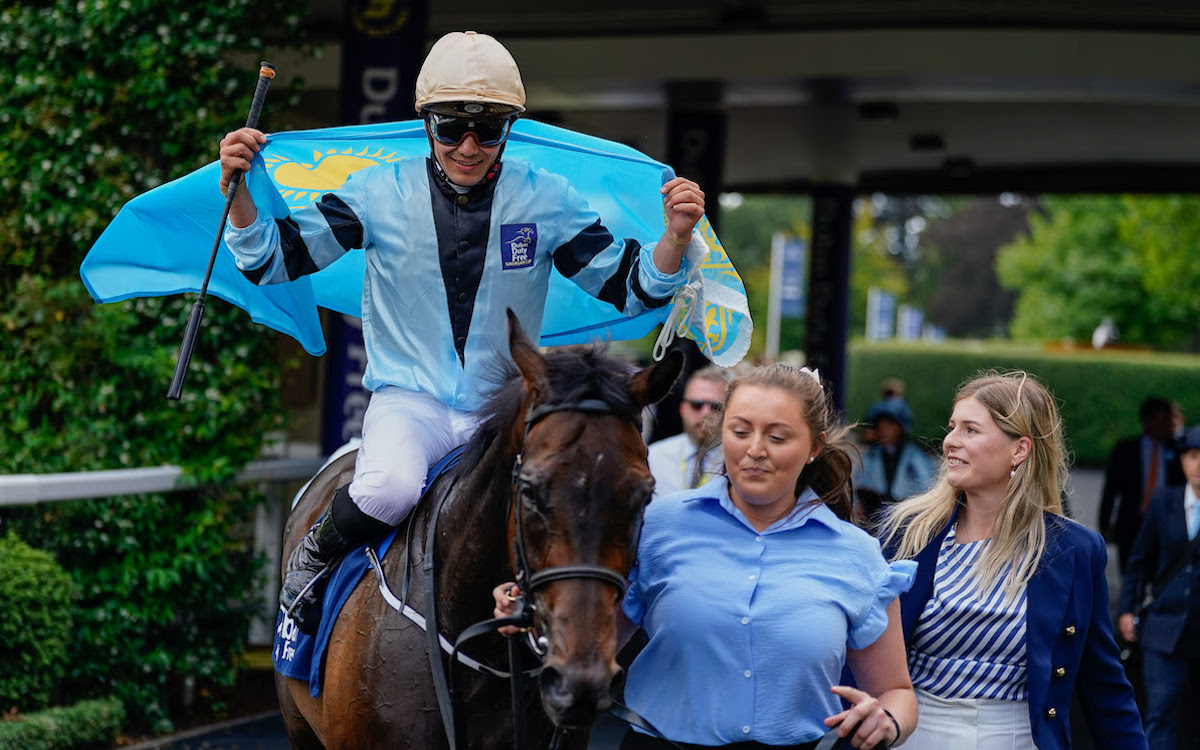 Flying the flag: Kazakh star Bauyrzhan Murzabeyev enjoys Shergar Cup success. Photo: Megan Coggin