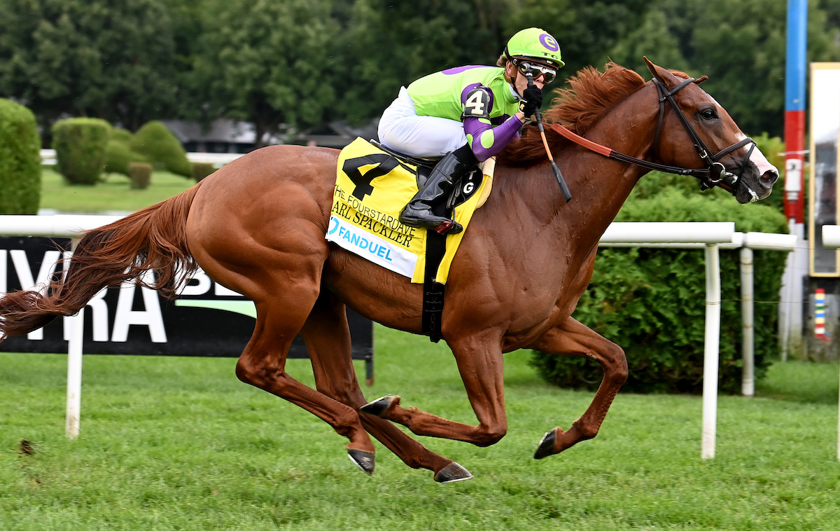 Spa specialist: Carl Spackler (Tyler Gaffalione) wins the G1 Fourstardave. Photo: NYRA/Coglianese