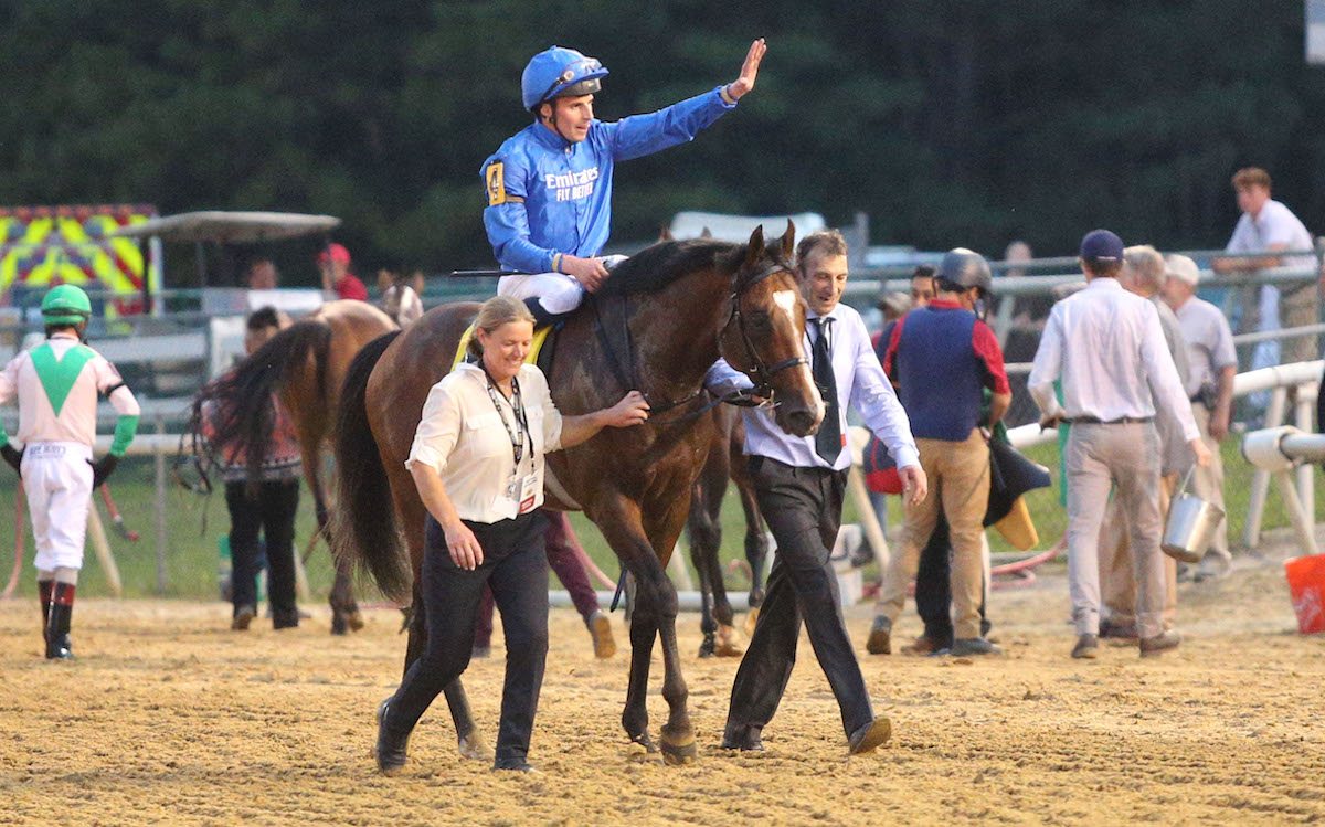 Thanks a million: William Buick acknowledges the crowd on Nations Pride. Photo: Nick Phillips / Colonial Downs