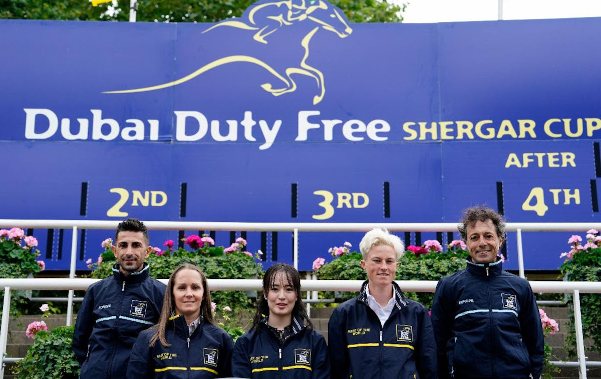 Media call: Rachel King (second left) with fellow international jockeys ahead of the recent Shergar Cup meeting. Photo: Megan Coggin