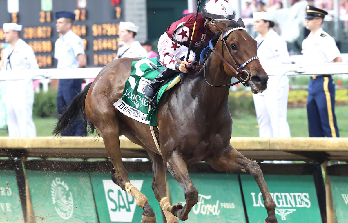 Thorpedo Anna: Three-time G1 winner competes against stallions in the Travers Stakes. Photo: Renee Torbit / Churchill Downs