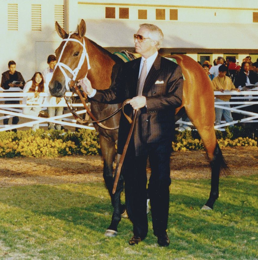 Wayne Lukas and Serena's Song strike a classic pose in the Hollywood Park paddock. (Hollywood Park/Stidham Photo, provided by Edward Kip Hannan & Roberta Weiser)