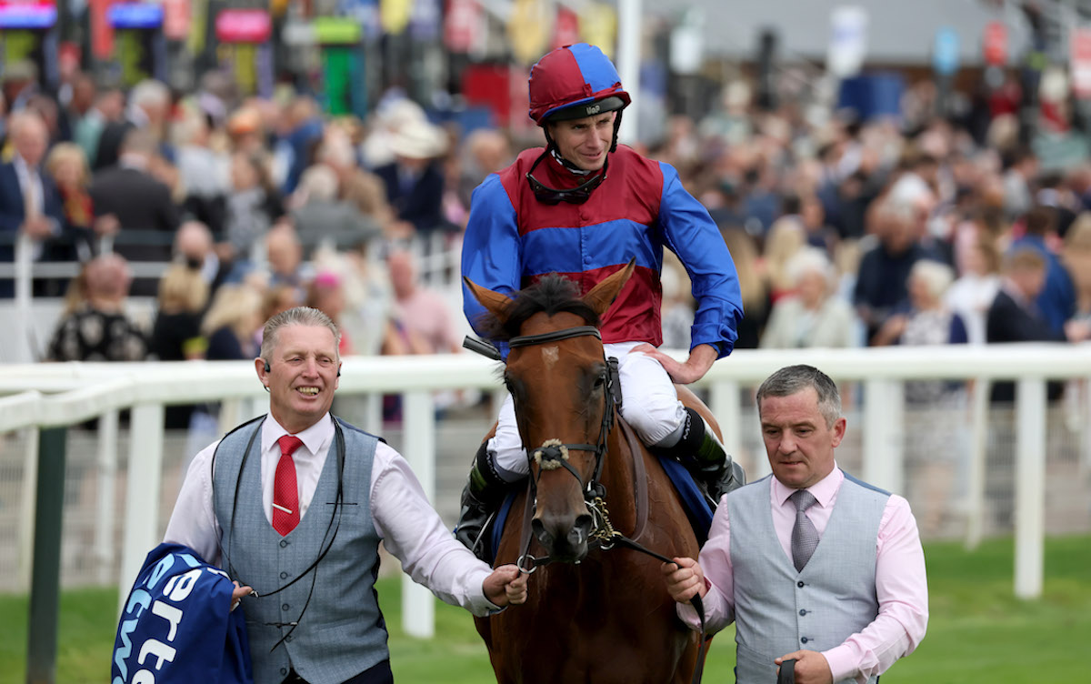 100 up: Content (Ryan Moore) after winning the Yorkshire Oaks. Photo: Dan Abraham / focusonracing.com