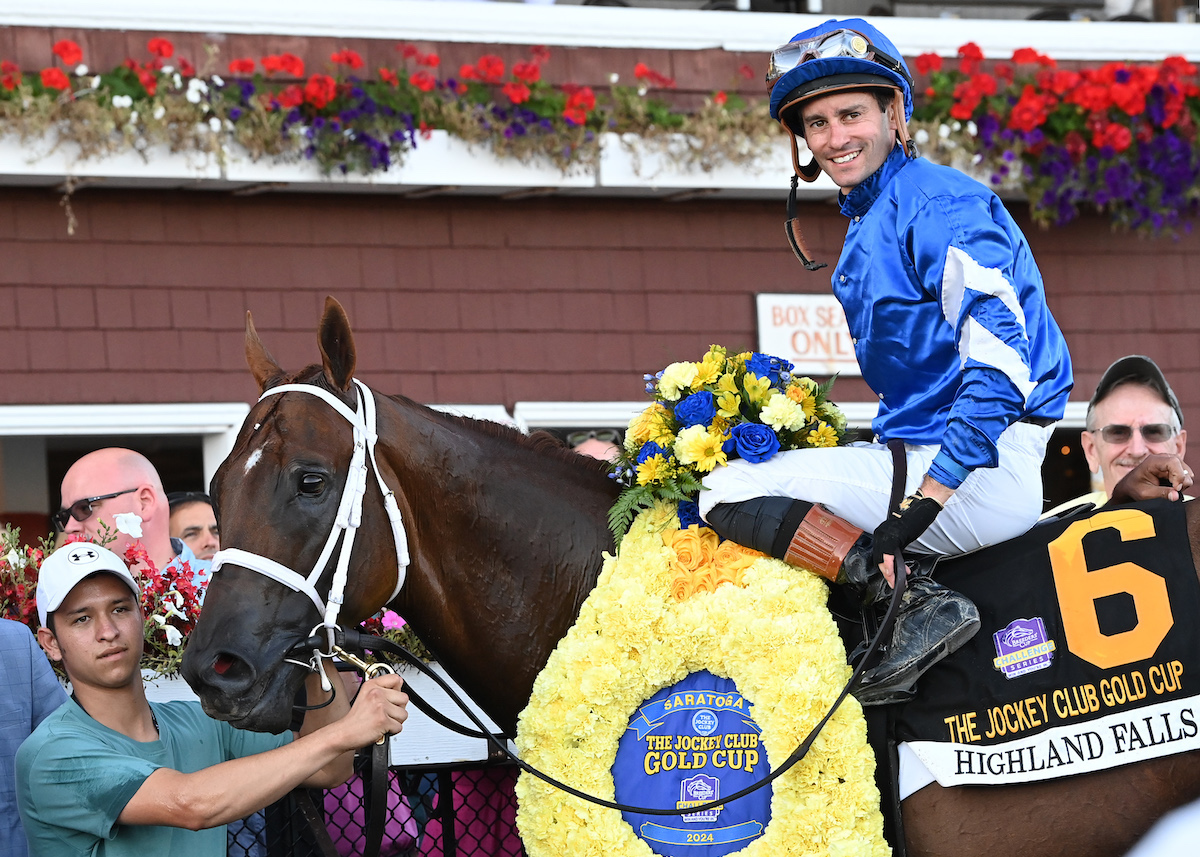 Flavien Prat, pictured here on Highland Falls, won a record 18 stakes. Photo: NYRA/Susie Raisher