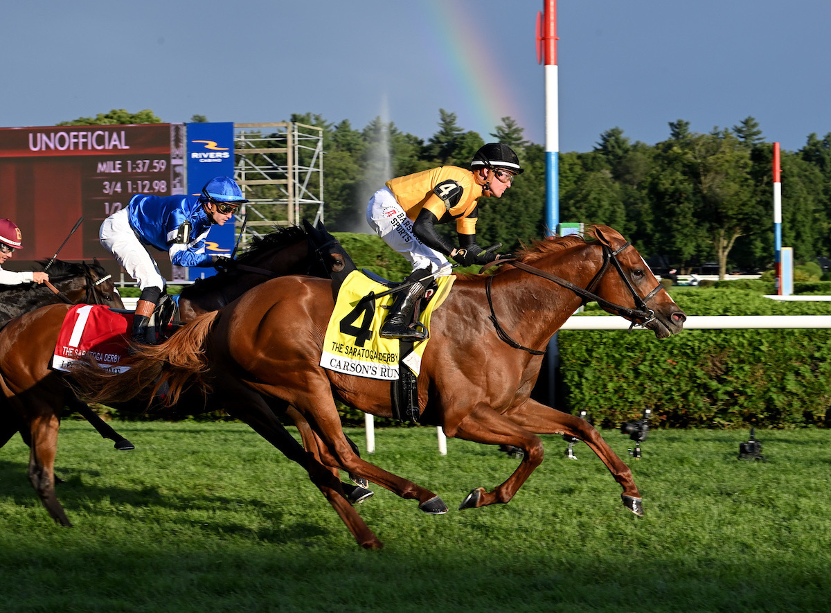 Rainbow over Saratoga: Carson’s Run wins the G1 Saratoga Derby under Dylan David. Photo: NYRA/Susie Raisher