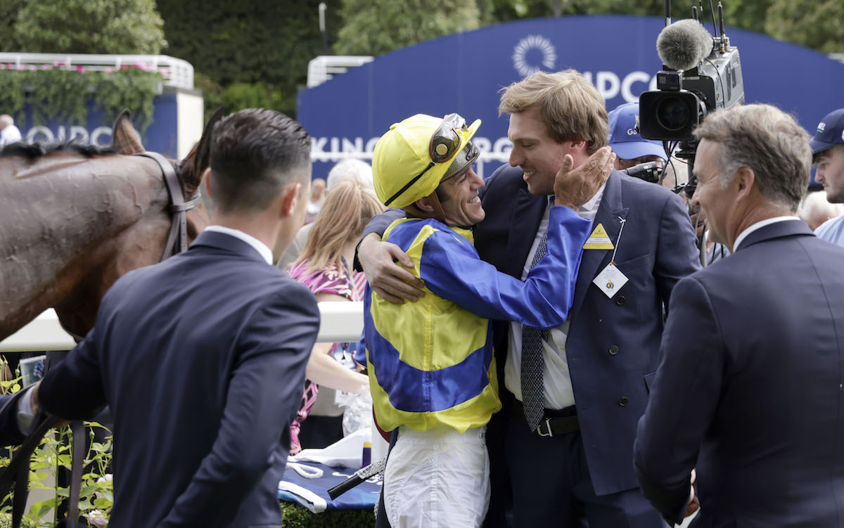 Christophe Soumillon with owner Baron Philip von Ullmann after winning the King George on Goliath. Photo: Dan Abraham / focusonracing.com