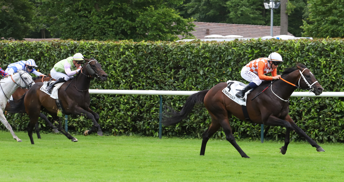 Ponntos streaks clear to win the G2 Prix du Gros-Chene at Chantilly in June; the six-year-old was sold for just €6,800 as a yearling at Tattersalls Ireland. Photo: Sandra Scherning / Focusonracing Archive