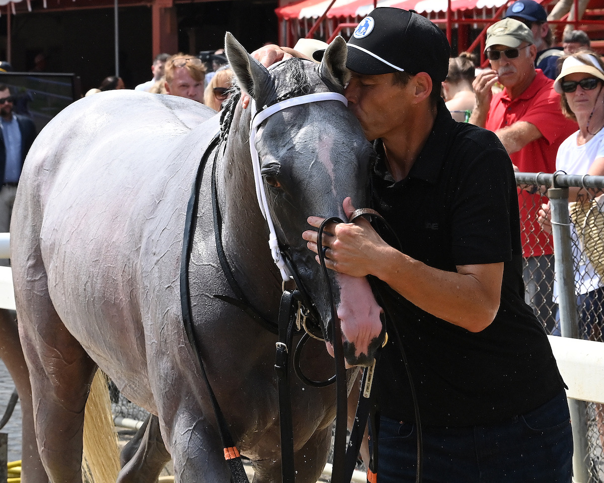 Horse of a lifetime: Next with adoring assistant trainer Justin Atkins after scoring at Saratoga. Photo: NYRA / Susie Raisher (Coglianese)