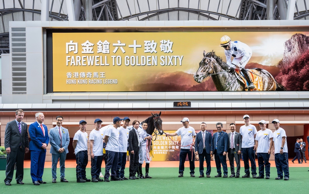 Golden Sixty and connections at last weekend’s official farewell ceremony at Sha Tin. Photo: Hong Kong Jockey Club