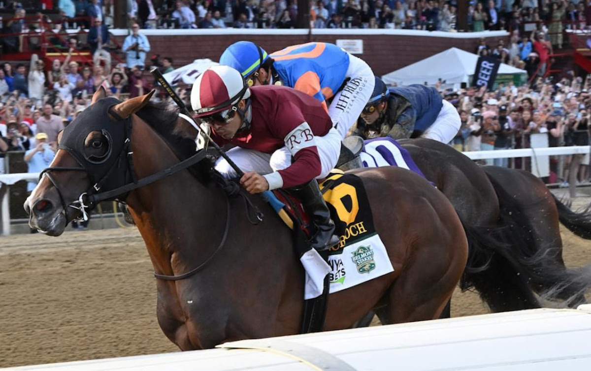 Belmont Stakes hero Dornoch (Luis Saez, near side) has been retired owing to bone bruising. Photo: NYRA / Angelo Lieto (Coglianese)