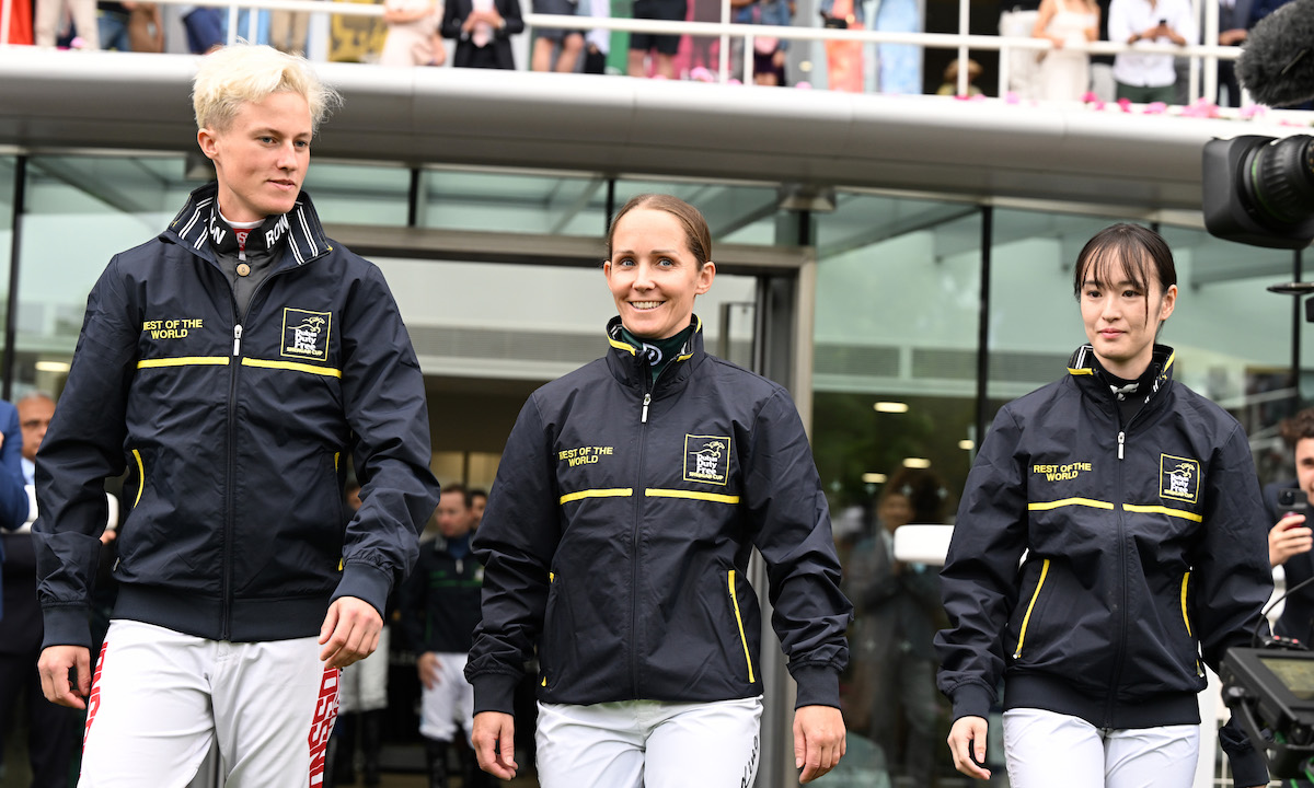 Nanako Fujita (right) with Rachel Venniker and Rachel King in the Rest of the World team at the Shergar Cup. Photo: Francesca Altoft / focusonracing.com