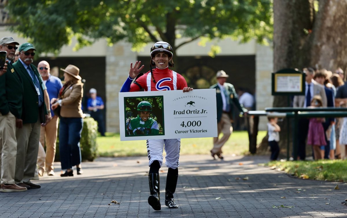 Career milestone: Irad Ortiz his 4,000-winner mark at Keeneland. Photo: Keeneland