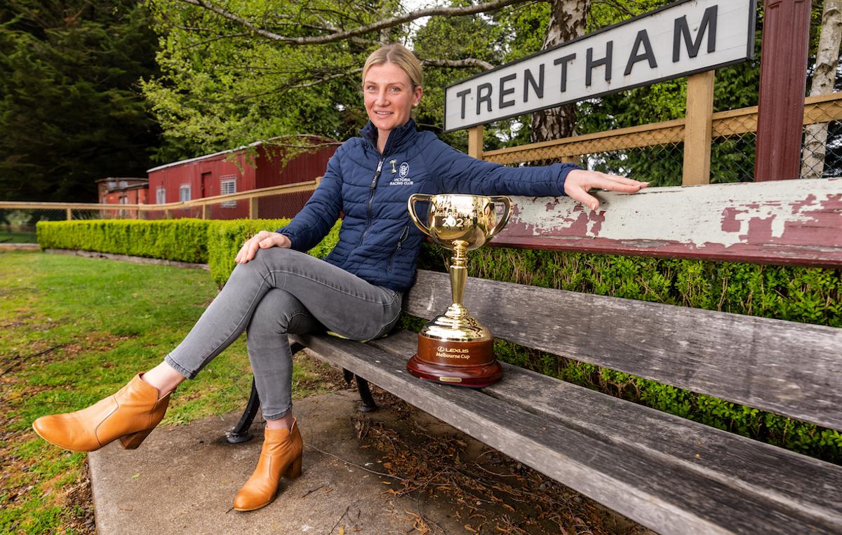 Jamie Kah on tour with the Melbourne Cup at the old historic Trentham railway station. Photo: Jay Town/VRC