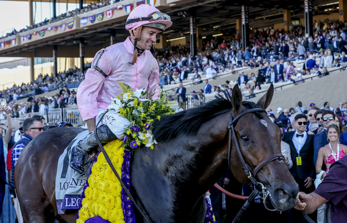 Classic heroes: Sierra Leone and jockey Flavien Prat after their victory at Del Mar. Photo: Tim Suddith / Eclipse Sportswire / Breeders’ Cup