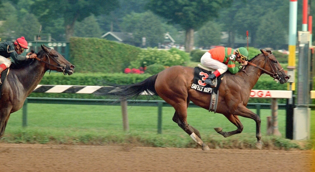 Safely Kept (Craig Perret) makes her G1 breakthrough in the Test Stakes at Saratoga in August 1989. (Coglianese photo)