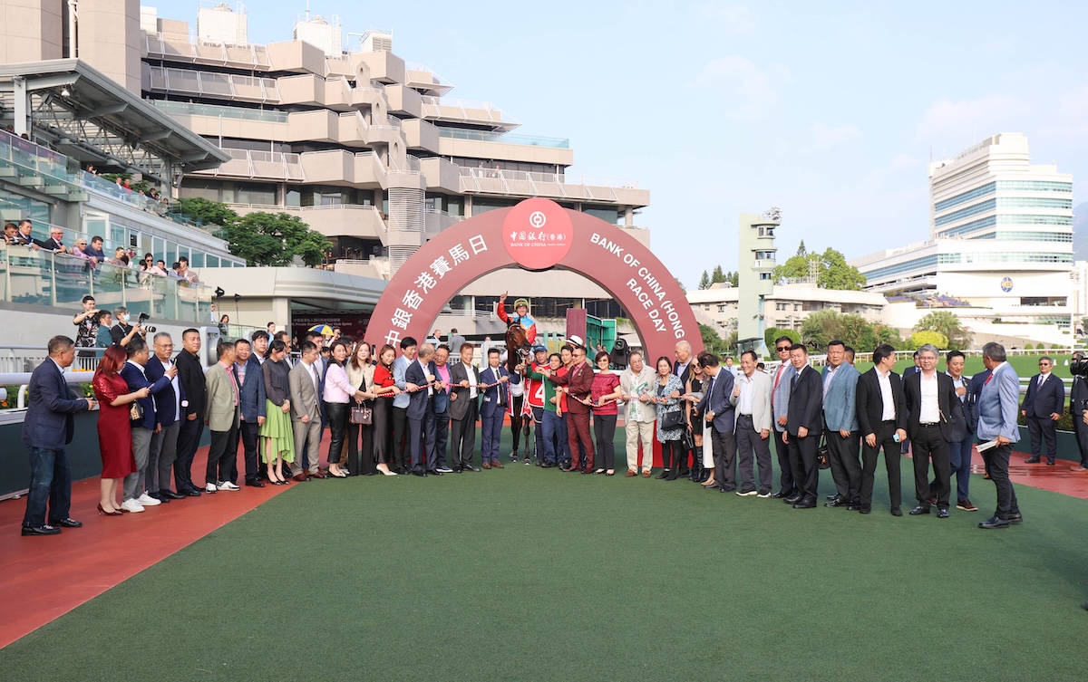 Winning team:Ka Ying Rising and connections at Sha Tin after recent victory. Photo: HKJC