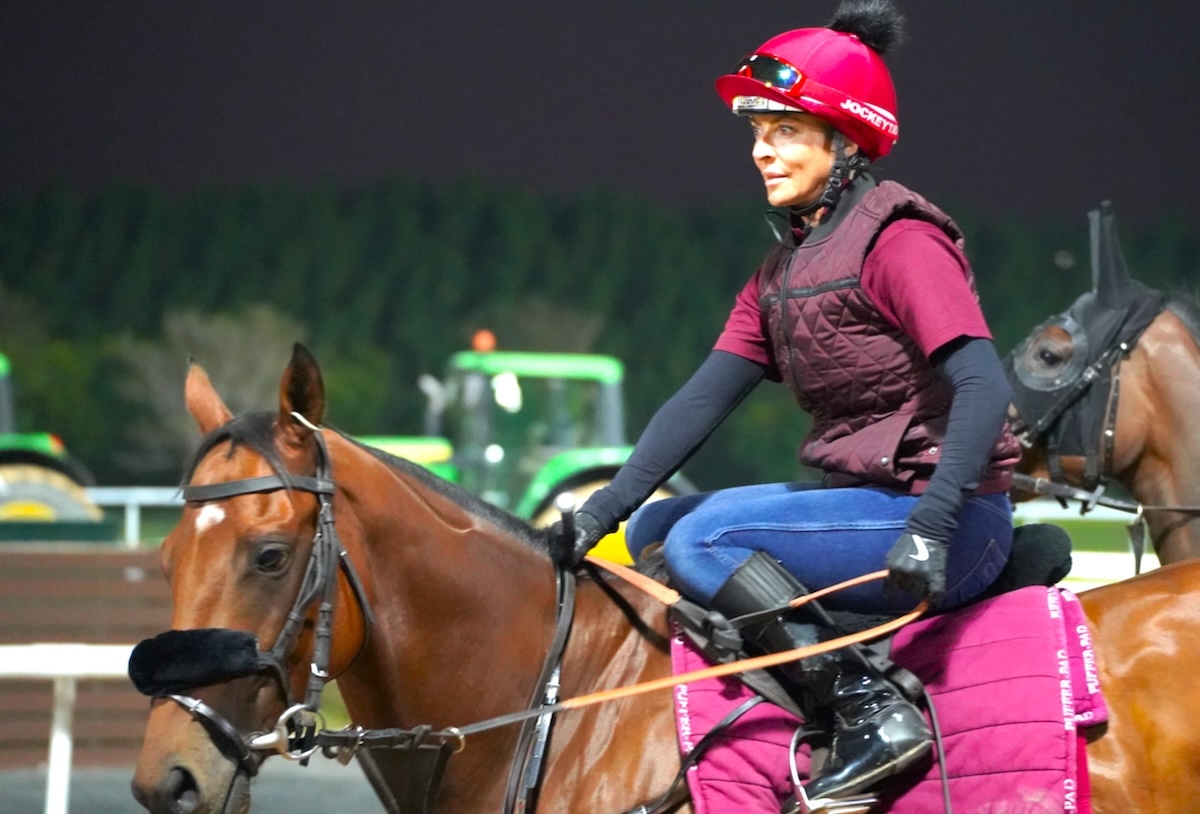 Morning exercise: Chantal Sutherland is riding work after a layoff following surgery on her arm, injured in a mishap at Gulfstream Park. Photo: Laura King