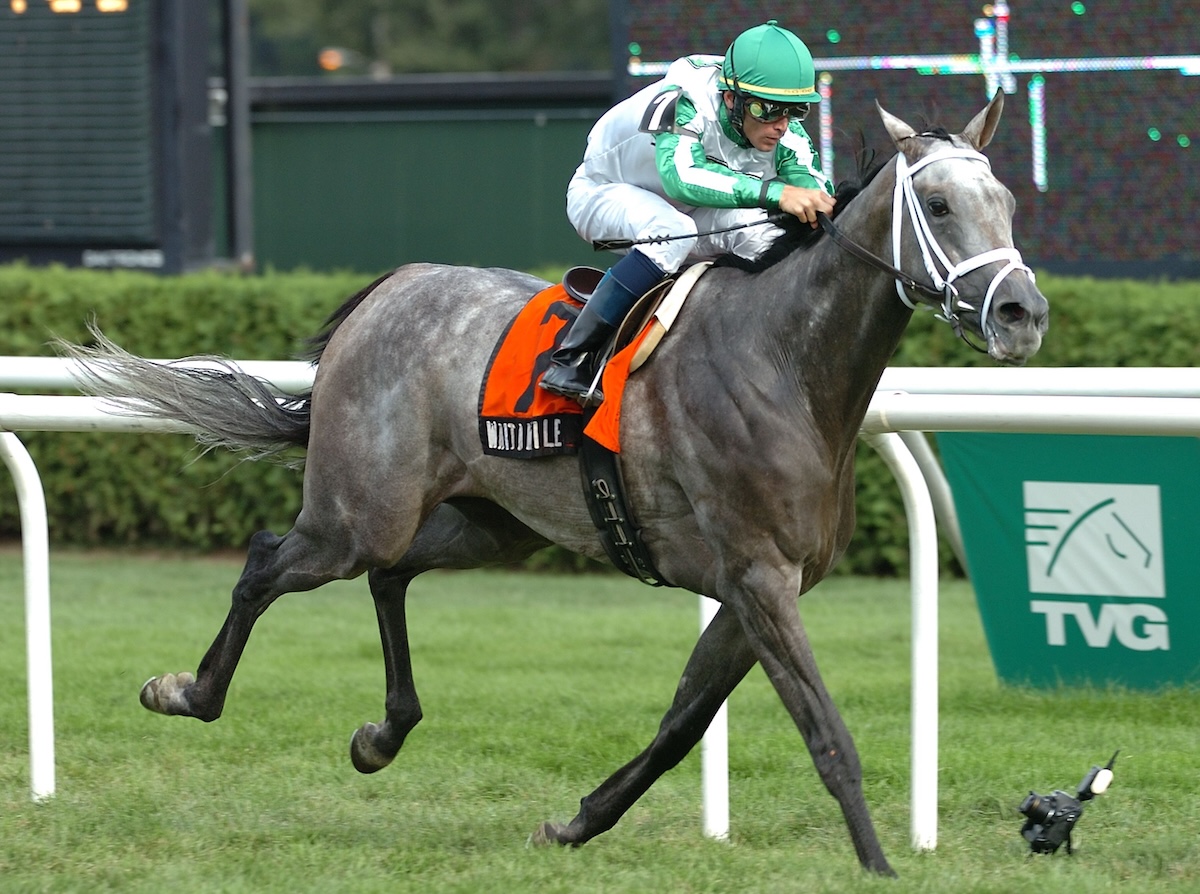 Ears twitching and looking for challengers, Wait A While takes her first of two Ballston Spa Handicaps. (Coglianese photo)