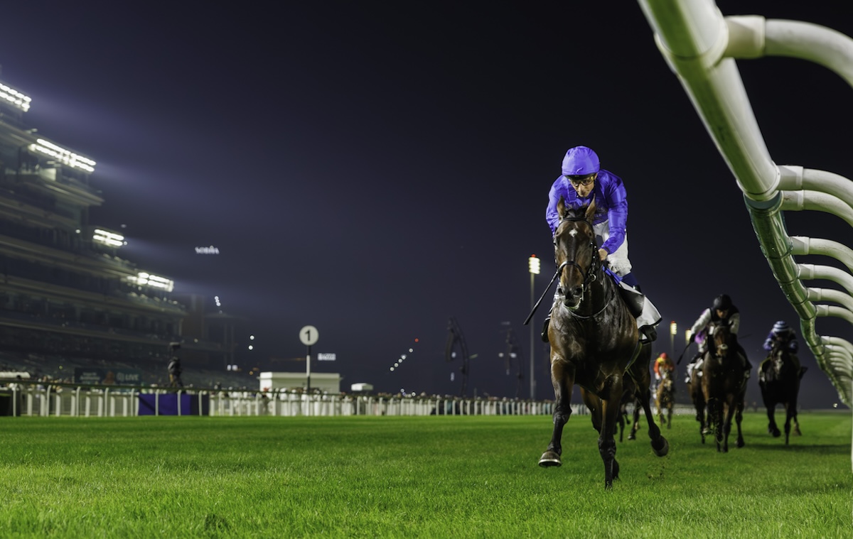 Measured Time (William Buick) well clear in the Al Rashidiya at Meydan. Photo: Dubai Racing Club