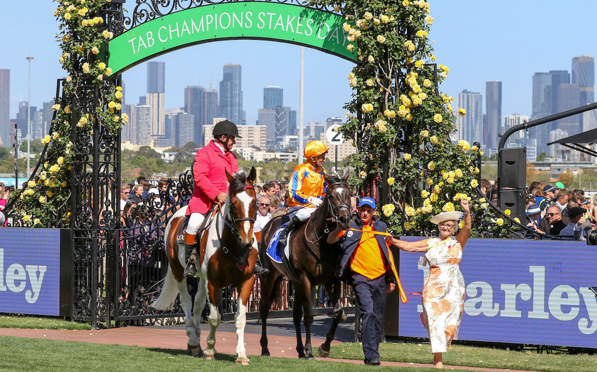 Opie Bosson returns in triumph on mighty mare Imperatriz after another G1 success at Flemington. Photo: Bruno Cannatelli