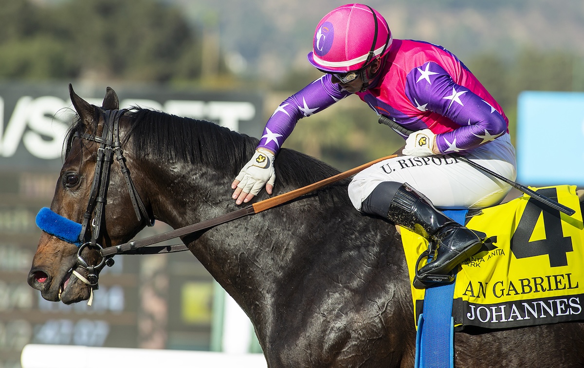 Florida bound: Johannes and jockey Umberto Rispoli after winning the San Gabriel Stakes at Santa Anita. Photo: Benoit