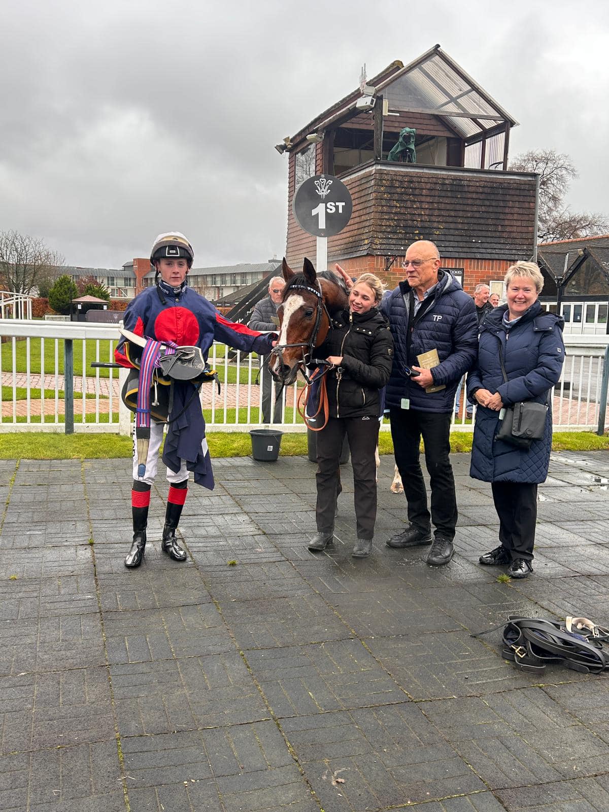 The Destinado team (including jockey Rory Mulligan) at Lingfield after his eighth 2024 win. Photo: James Owen Racing