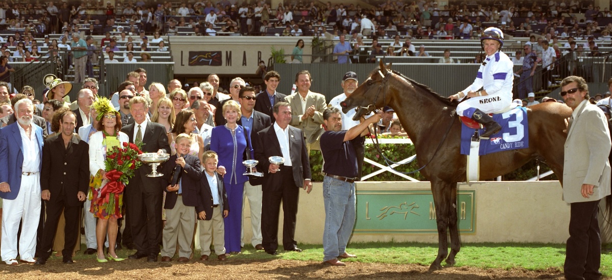 The Del Mar winner's circle was packed in celebration of Candy Ride and the 2003 Pacific Classic. (Benoit photo)