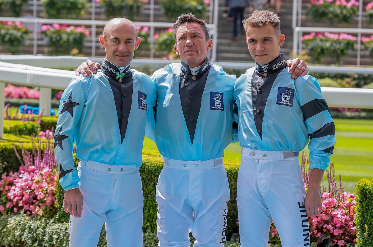 Thore Hammer Hansen (right) joins Olivier Peslier and Frankie Dettori in the Europe team at the 2023 Shergar Cup. Photo: Mark Cranham / focusonracing.com